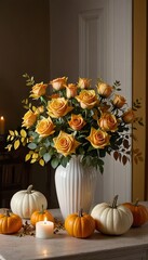  4. Bouquet with roses, yellow leaves, candles & pumpkins — dark olive evening interior
