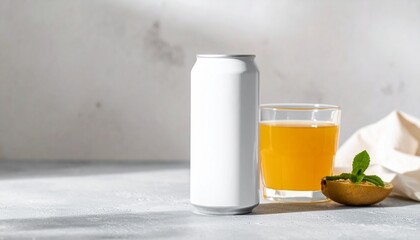Fototapeta premium Sleek Can Mockup and Glass of Cold Refreshing Drink Captured in Elegant Still Life Scene with Subtle Natural Lighting 