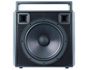 Portable public address system speaker with a large woofer and handle on a transparent background