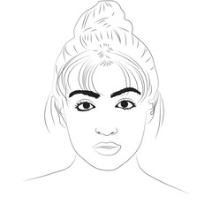 This is a minimalist black and white line drawing of a woman's face. Her hair is pulled up into a messy bun with fringe, drawing attention to her bold eyebrows.