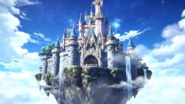 Floating castle with waterfalls, towers, and turrets against a bright blue sky