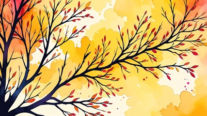 Abstract watercolor style art combination of art yellow and colorful themed background. Tree branches textured art with sense of colors