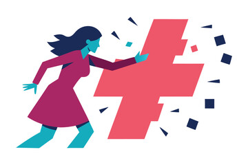 Woman Breaking Wall of Harmful Hashtags – Digital Empowerment Flat Vector Illustration.