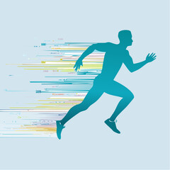 silhouette of a running athlete, surrounded by data streams