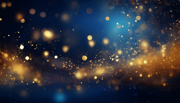 Elegant abstract background with dark blue and gold particles, Christmas golden light bokeh on navy blue, gold foil texture for holiday themes