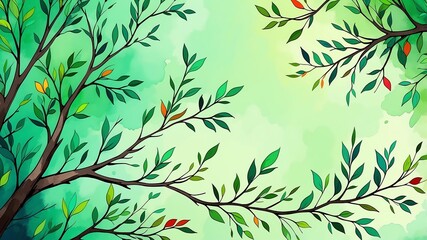 Abstract watercolor style art combination of art green and colorful themed background. Tree branches textured art with sense of colors