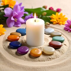 A white candle surrounded by colorful stones and flowers in sand