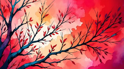 Abstract watercolor style art combination of art colorful and red themed background. Tree branches textured art with sense of colors