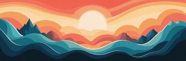 Retro abstract sunset over waves in warm tones