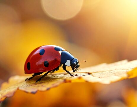 Ladybug on autumn leaf, sunlit - Powered by Adobe