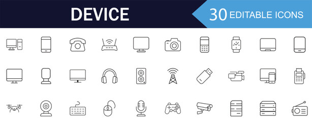 Device Line Icon Set. Features icons of smartphone, router, camera, and smart watch. Perfect for electronics apps and modern technology websites.
