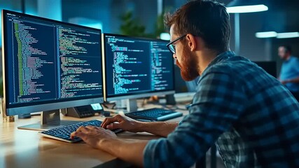 Programmer working late at night on dual monitors displaying code in a dimly lit office environment