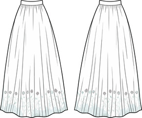 Long pleated floral skirts, gray and blue pattern, elegant fashion design, clothing illustration, waistband details, modern ethnic wear inspiration