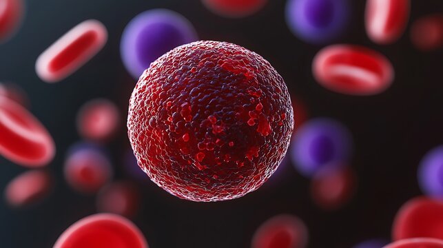 A detailed 3D illustration of blood cells, highlighting a large, textured red blood cell surrounded by smaller red blood cells on a dark background.
