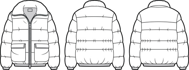 Puffer jacket front, back view, fluffy collar, padded outerwear, winter fashion, zipper closure, pocket design, horizontal stitching, clothing sketch © Halal Artist