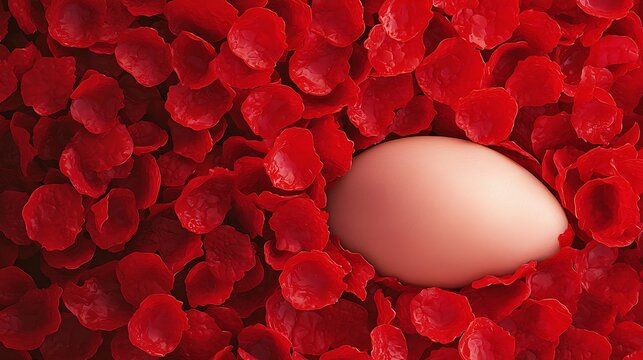 A close-up image of a single egg nestled among numerous red rose petals, creating a striking contrast between the smooth egg and textured petals.
