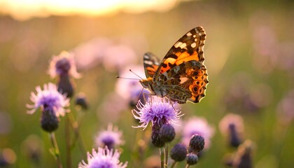 Butterfly on flower at sunset