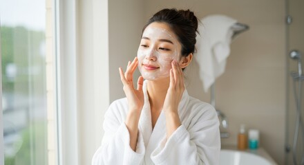 A Woman Applying Facial Mask in a Bathroom for Skincare Routine