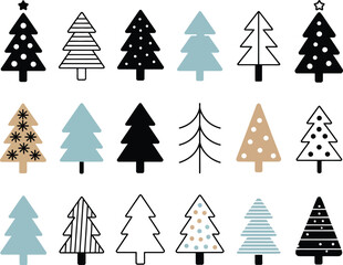 Fototapeta premium Winter Tree Doodle Collection Hand-Drawn Christmas Trees in Festive Styles, Seasonal Elements, and Holiday Designs Isolated on White for Cards, Crafts, and Decor Projects