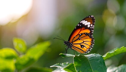 Obraz premium Butterfly perched on a leaf bathed in sunlight