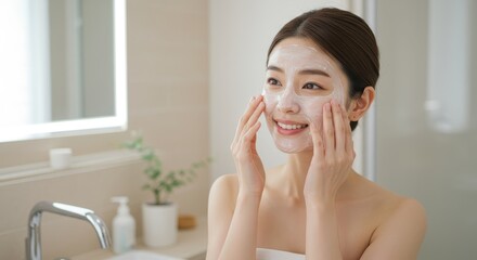 Attractive Asian Woman Applying Facial Mask Smiling In Bathroom