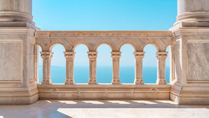 Fototapeta premium Elegant stone balcony with ornate arches overlooking a bright blue ocean and clear sky