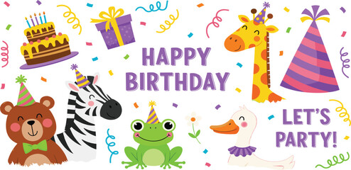 Kids cute animal print, hand drawn happy birthday party cartoon colorful pencil postcard elements. Baby lion, monkey face, giraffe in funny hat, holiday confetti scribble