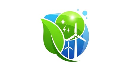 Obraz premium Wind turbines with a leaf and sphere represent green energy and sustainability.