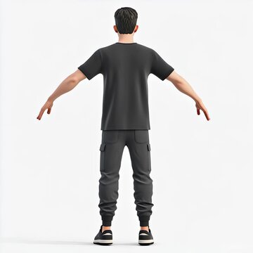 360 Animation of Realistic Stylized Male 3D Character in Casual Outfit, Teenager, black outfit, toy model