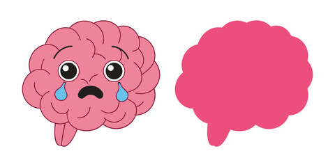 Cartoon brain character expresses sadness with large tears rolling down vector illustration
