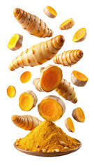 flying turmeric and half slices isolated on transparent white background, clipping path