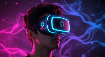 Person wearing glowing VR headset with neon background
