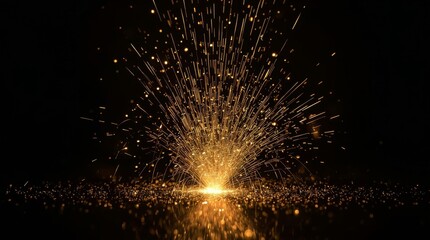 Abstract stylish light effect on a black background. Gold glowing neon line. Golden luminous dust and glares. Flash Light. dark and dramatic background with a vibrant burst of golden