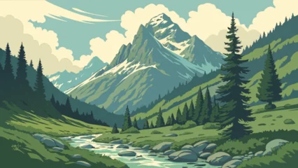 Gordijnen Olijfgroen Scenic mountain landscape illustration with river, trees, and clouds for nature backgrounds and posters  © Attaul