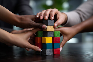 Hands Stacking Colorful Blocks into Tower Symbolizing Teamwork, Collaboration, and Foundational Growth