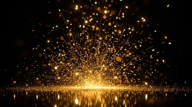 Abstract stylish light effect on a black background. Gold glowing neon line. Golden luminous dust and glares. Flash Light. dark and dramatic background with a vibrant burst of golden - Powered by Adobe