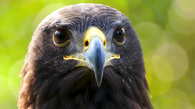 Java hawk-eagle (Nisaetus bartelsi), or Garuda bird. Close-up shot with an aesthetic bokeh background and natural lighting.