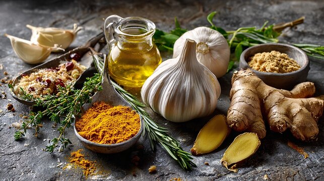 Cooking ingredients like garlic ginger and turmeric arranged with fresh herbs on a stone surface