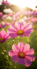 Obraz premium Pink Cosmos Flowers Blooming in a Field at Sunset with Golden Light and Bokeh Creating a Dreamy Summertime Floral Scene