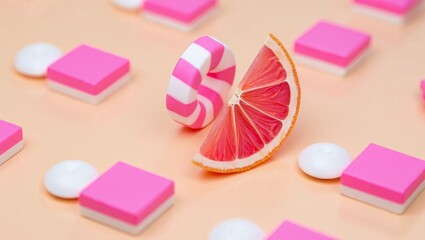 Whimsical citrus slice with colorful candy, a refreshing summer vibe for healthy food advertising