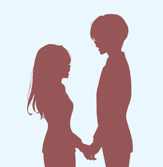 向かい合う男女のビジネスパーソン　手を握る　シルエット