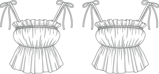  Stylish Women's Ruffled Peplum Top CAD Drawing, Fashionable Spaghetti Strap Blouse Flat Vector Illustration, Trendy Apparel Design