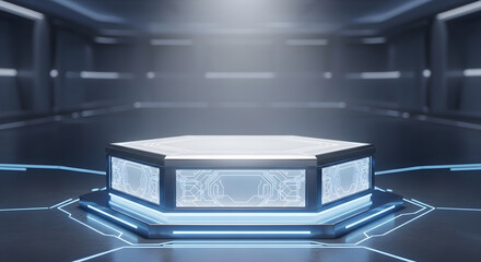 Futuristic Octagonal Platform with Glowing Circuitry and Metallic Trim.