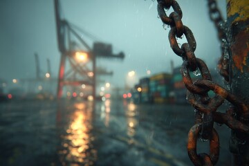 Naklejka premium Rusty Chains in Heavy Rain at a Commercial Port