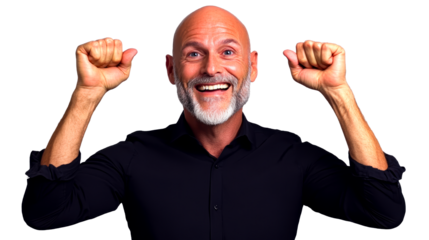 Man celebrating with raised hands and a big smile