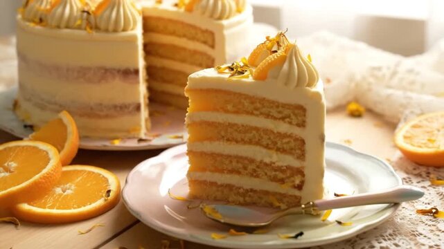 A beautifully decorated orange layer cake is sliced, revealing its soft interior