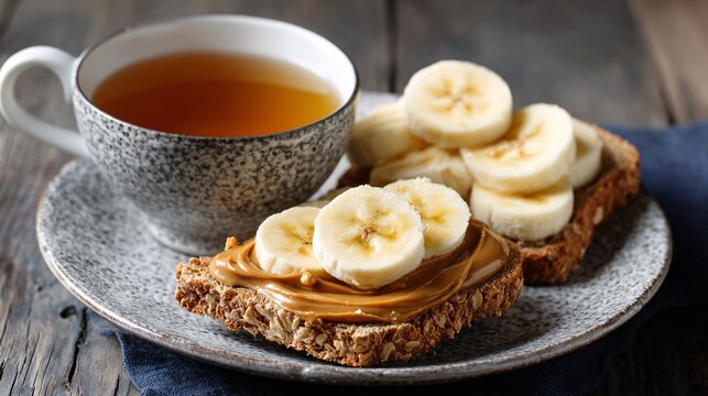 Healthy breakfast scene with whole grain toast peanut butter banana slices and tea
