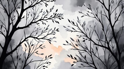 Abstract watercolor style art combination of art gray and black themed background. Tree branches textured art with sense of colors