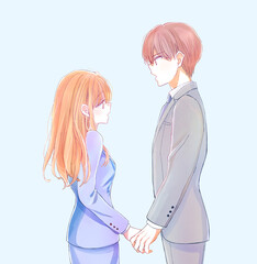 向かい合う男女のビジネスパーソン　真顔　手を握る