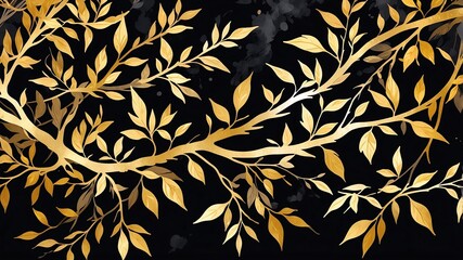 Abstract watercolor style art combination of art gold and black themed background. Tree branches textured art with sense of colors